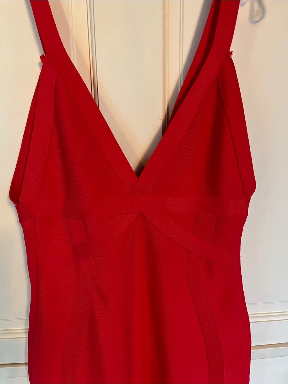 Red Bodycon Midi Dress M Deep V Neck Stretch Cocktail Date Night